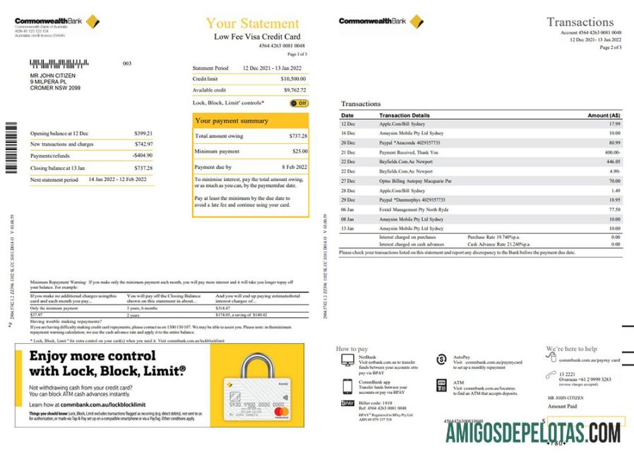 Extrato bancário da Commonwealth da Austrália em branco, modelo Word e PDF, 3 páginas